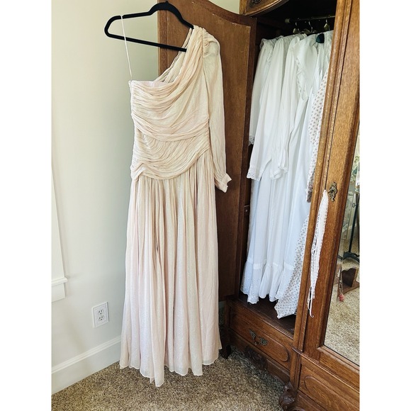 BHLDN One-Shoulder Maxi Dress Formal Gown Ruched Pink Sparkle‎ Size 4 - Picture 7 of 11